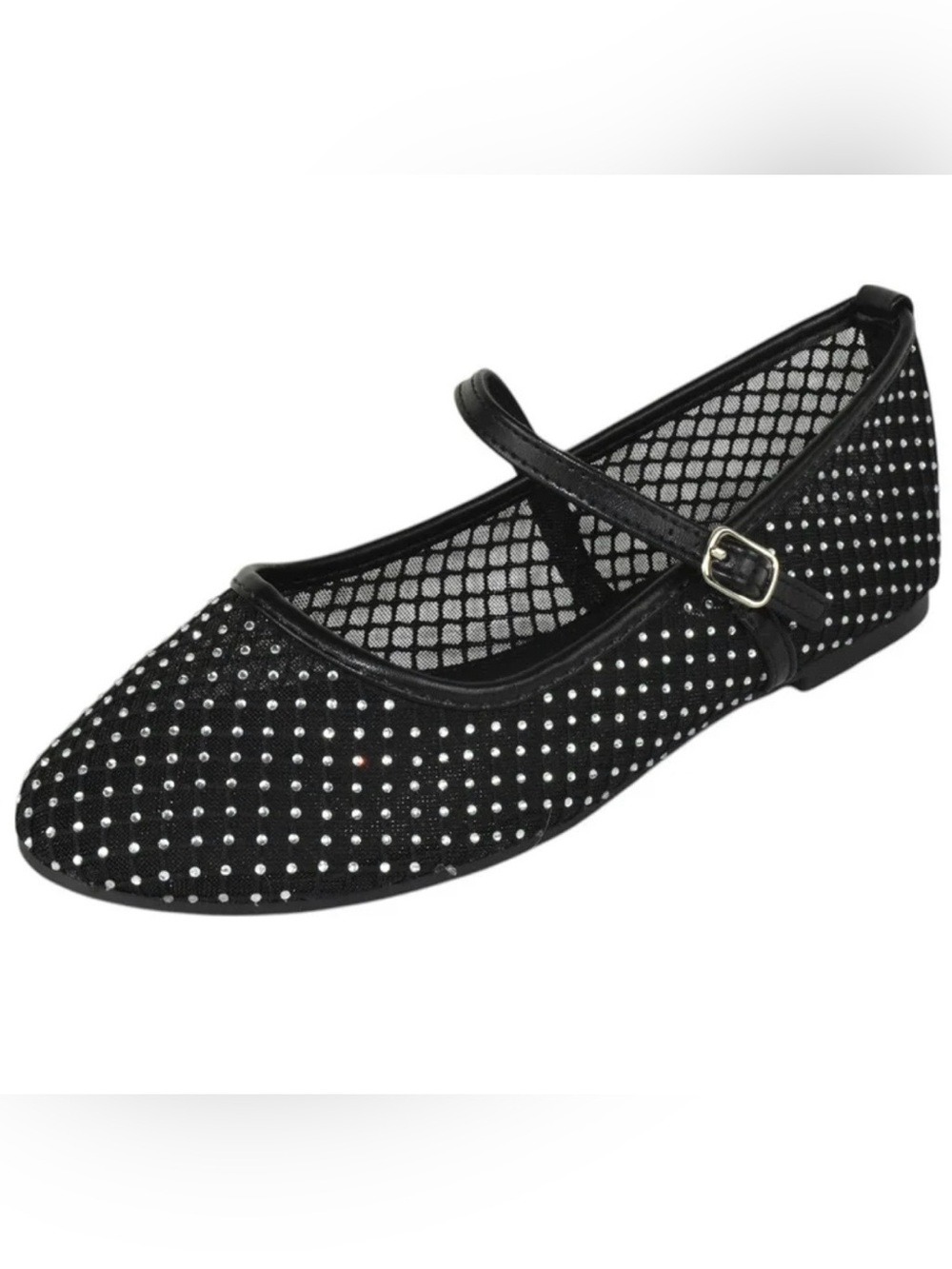 Black Mesh Ballet Flats Mary Janes with Rhinestones & Strap Women 9